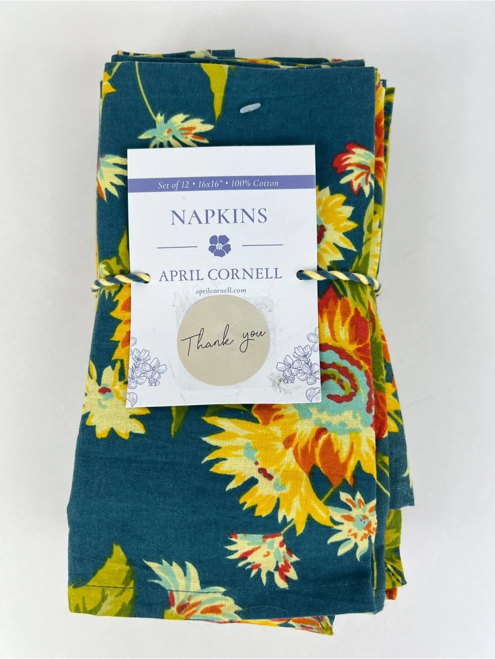 April Cornell Floral Dinner Napkins Marguerite Teal Yellow Orange 12 Pc NEW